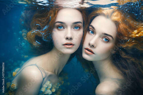 Two women or Mermaids underwater generative AI 