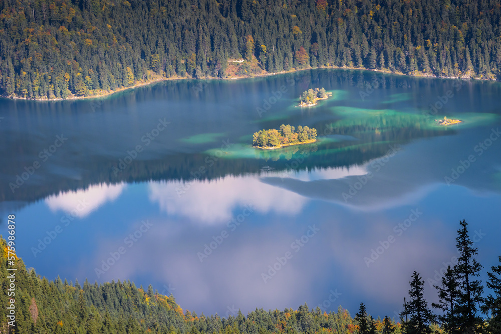 Eibsee lake from above Zugspitze at dramatic autumn landscape, Garmisch, Germany