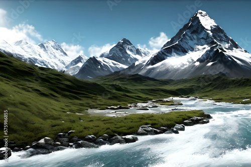 On a white background  a lonely mountain stream. Generative AI