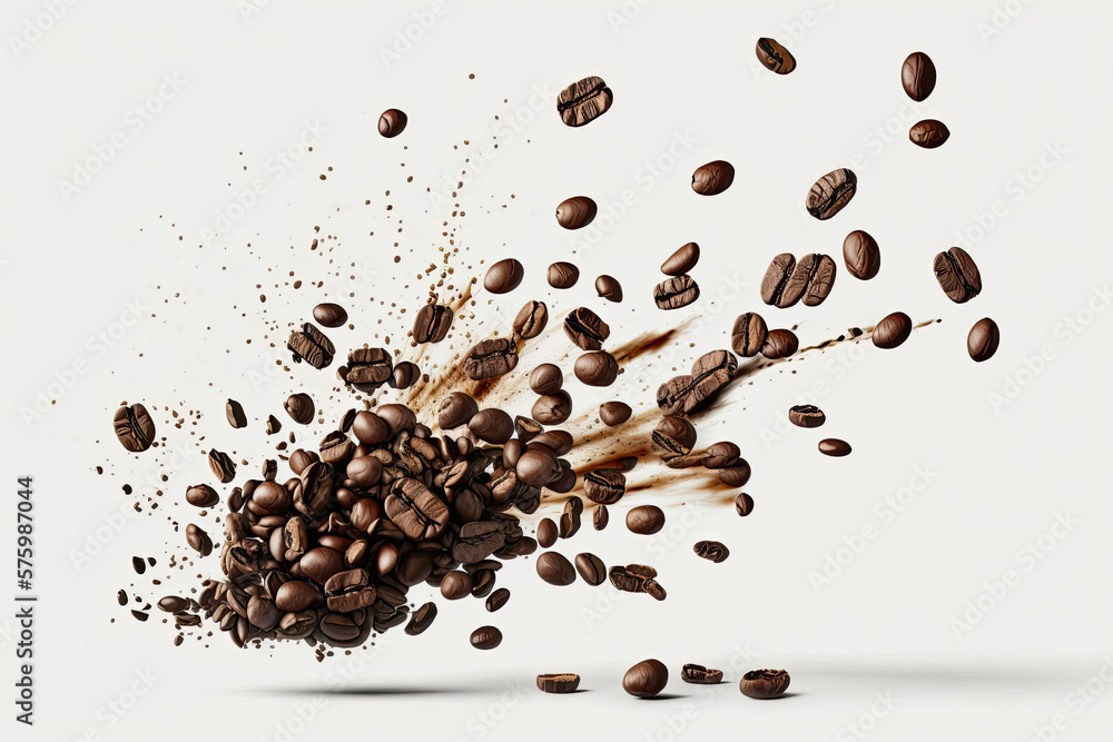 Obraz premium Coffee beans in flight on white background
