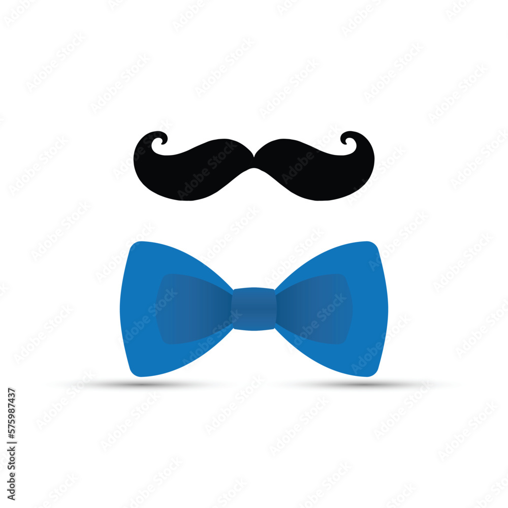 Fototapeta premium Black mustache and blue bowtie on white background
