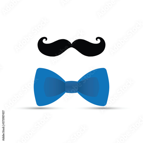 Black mustache and blue bowtie on white background