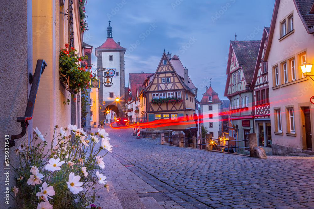 Rothenburg ob der Tauber at sunrise, Historical Franconia in Bavaria, Germany