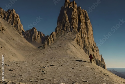 Unrecognizable traveler standing near mountain. Generative AI