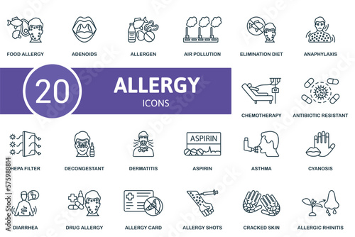 Allergy icon set. Monochrome simple Allergy icon collection. Food Allergy, Adenoids, Allergen, Air Pollution, Elimination Diet, Drug Allergy, Allergy Card, Allergy Shots, Cracked Skin, Allergic