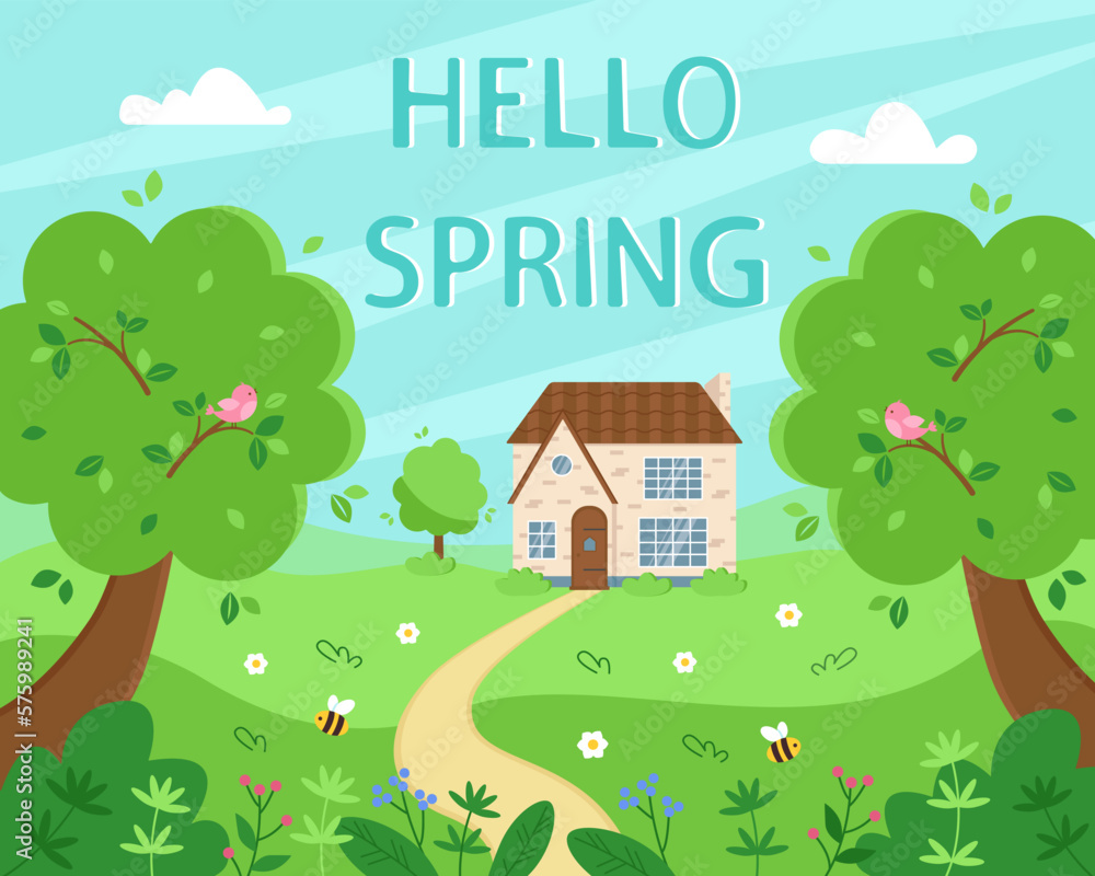 Naklejka premium Spring village landscape with cute house and green meadow with flowers, birds and insects, summer or spring landscape. Vector illustration