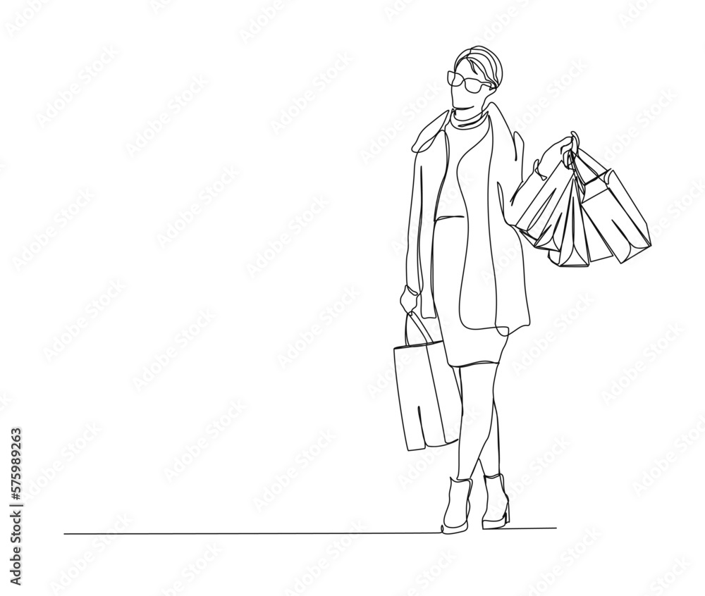 Continuous one line drawing of pretty woman holding paper bags after shopping . simple shopping and fashion concept line art vector illustration. Continuous one line drawing of pretty woman holding paper bags after shopping . simple shopping and fashion concept line art vector illustration.