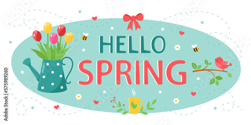 Hello spring. Greeting card with a spring theme. Cute birds on a branch and bees with flowers. Design for printing a calendar  postcard  banner. Vector