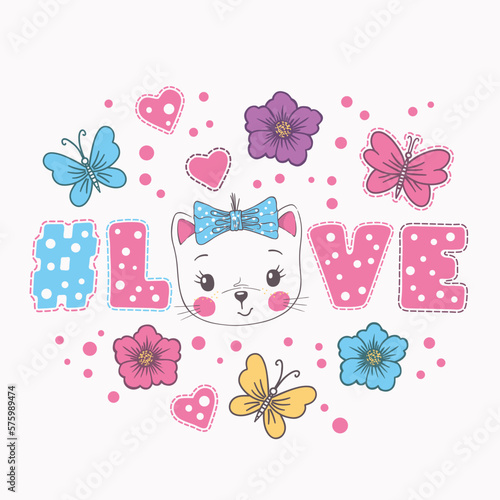 Love hashtag. Cute cat girl. Little kitten. Summer illustration for print on t-shirt, mug, bag and other uses