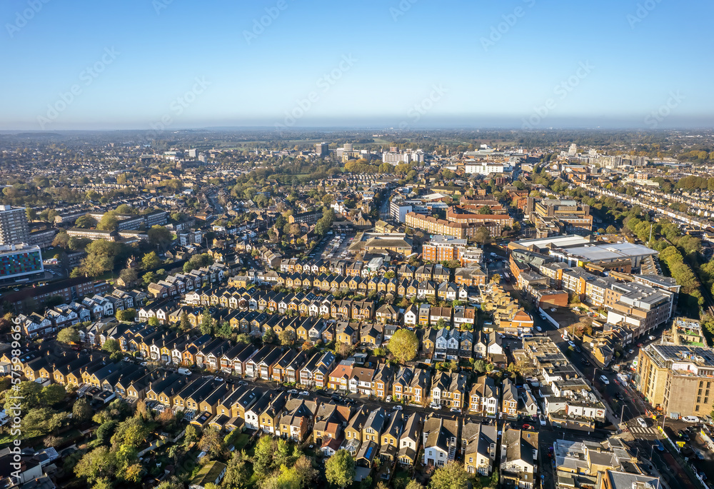 The drone aerial view of the residential area of Kingston upon Thames. Kingston upon Thames is a town and borough now within Greater London, England, formerly within the county of Surrey.