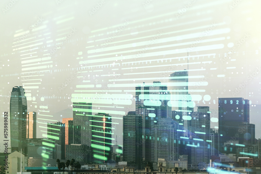 Abstract creative digital world map on Los Angeles cityscape background, globalization concept. Multiexposure Abstract creative digital world map on Los Angeles cityscape background, globalization concept. Multiexposure