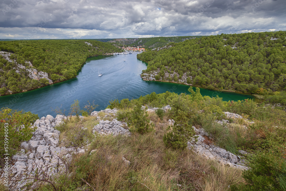 The mouth of the Krka River with Skradin in a distance The mouth of the Krka River with Skradin in a distance