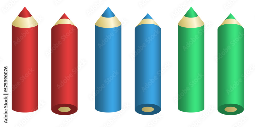 3d pencils. Red, blue, green pencils. Set of vector icons isolated on white background. 3d pencils. Red, blue, green pencils. Set of vector icons isolated on white background.