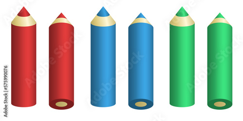 3d pencils. Red, blue, green pencils. Set of vector icons isolated on white background.