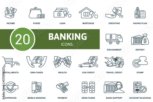 Banking icon outline set. Line Banking icon collection. Income, Purse, Loan, Mortgage, Crediting, Mobile Banking, Payment, Send Funds, Bank Support, Account Blocking icon