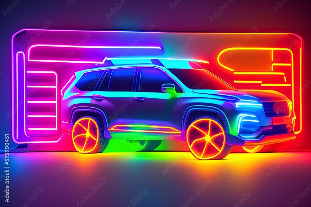 neon light suv car - generative ai