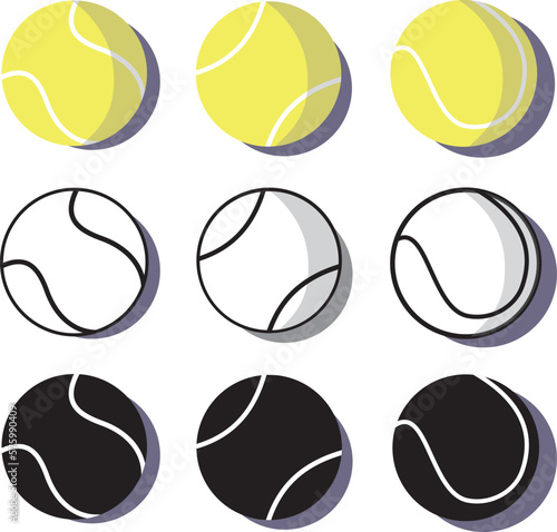 Set of yellow, green and black volume tennis balls on white background. Vector design. Sports, fitness, activity vector illustration. Vector elements of equipment for tennis. Realistic color version. 