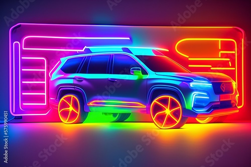 neon light suv car - generative ai