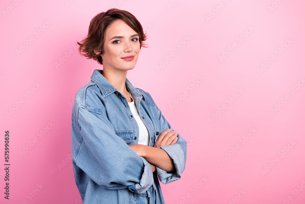 Photo of confident bob brown hair lady folded hands wear hipster young girl it specialist software engineer isolated on pink color background