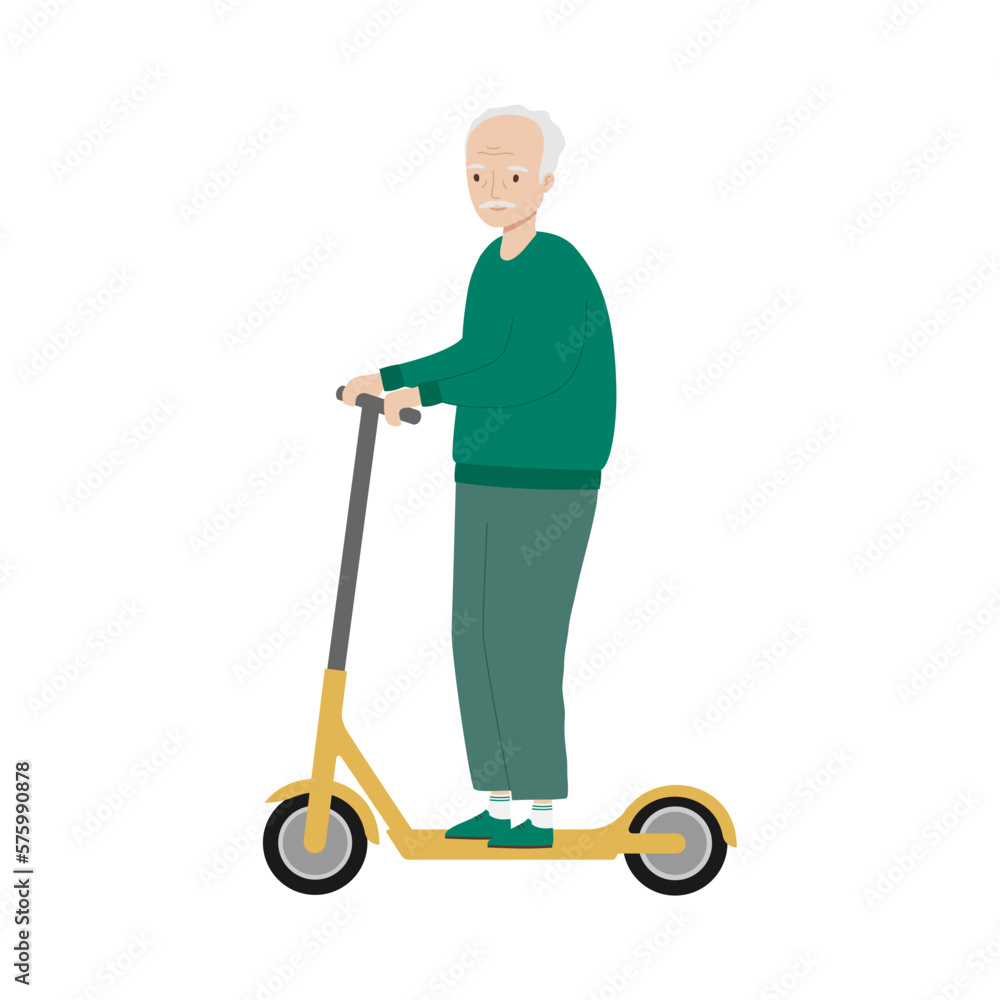 Senior man riding kick scooter. Old man riding electric scooter. Isolated vector illustration Senior man riding kick scooter. Old man riding electric scooter. Isolated vector illustration