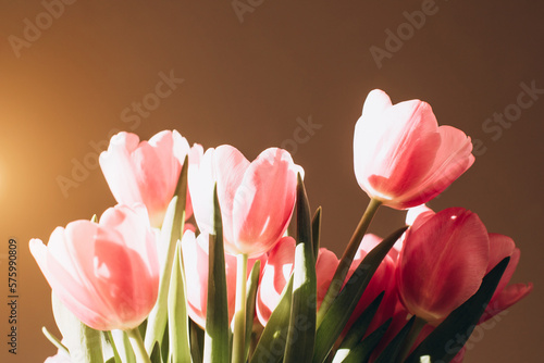 Fototapeta Naklejka Na Ścianę i Meble -  Gently pink bouquet of tulips in a vase. Spring background with a bouquet of flowers in sunlight. Front view, selective focus