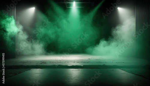 green spotlights shine on stage floor in dark room, idea for background, backdrop Generative Ai 