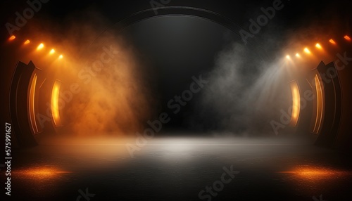 orange, spotlights shine on stage floor in dark room, idea for background, backdrop Generative Ai 