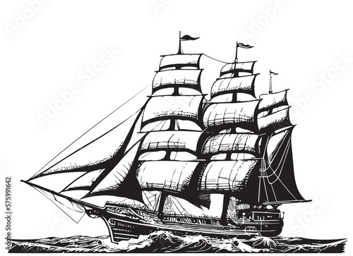 Old ship sailboat sea frigate hand drawn sketch Vector illustration