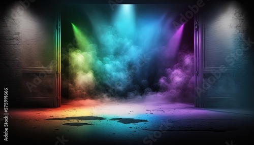 rainbow  spectrum   spotlights shine on stage floor in dark room  idea for background  backdrop Generative Ai  