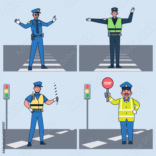 The traffic policeman waved his hand signal at the crosswalk.