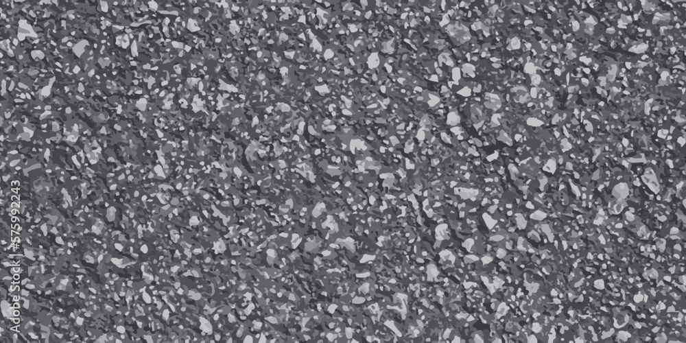 Black asphalt realistic texture. Gray tarmac background. Dark road surface pattern. Stone 3d detailed grainy wall horizontal banner. Rock floor close up. Bitumen top view, vector banner