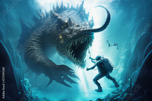 Murais de parede Sea monster attacks diver fantasy underwater scene Generative AI