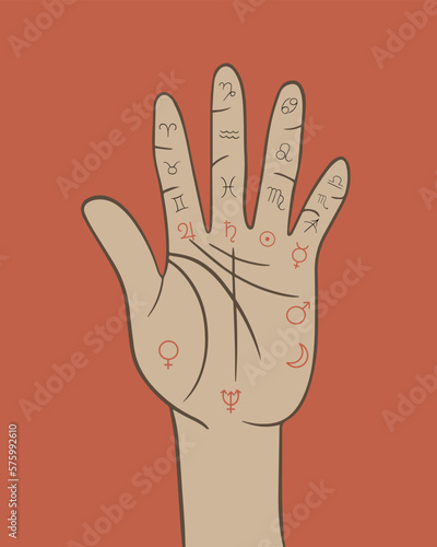 Vector isolated illustration of human hand with life lines and planets signs. Palmistry and prediction.