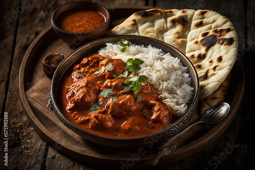 Chicken tikka masala spicy curry meat food in a clay plate with rice and naan bread on wooden background. Ai generated