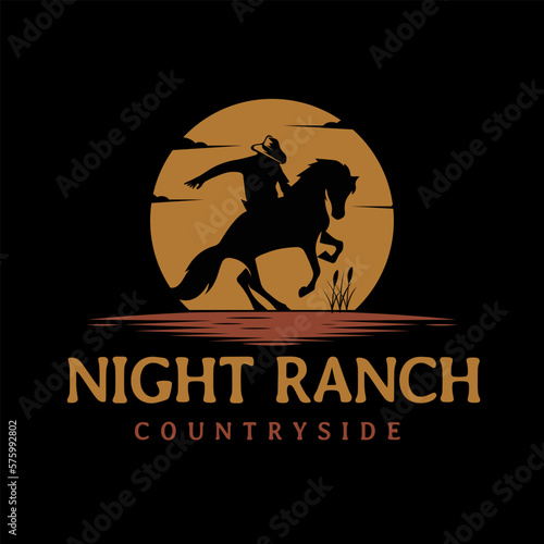 Cowboy Man Equestrian Horse Silhouette at Sunset Sun Moon logo design illustration