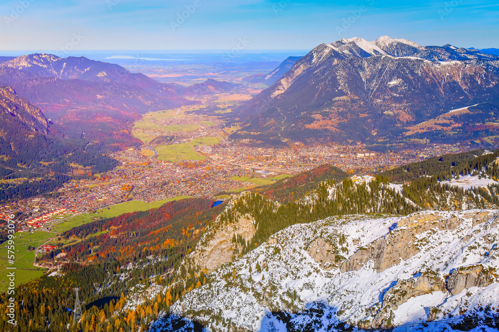 Bavarian alps and Garmish Partenkirchen from above at autumn, Bavaria, Germany