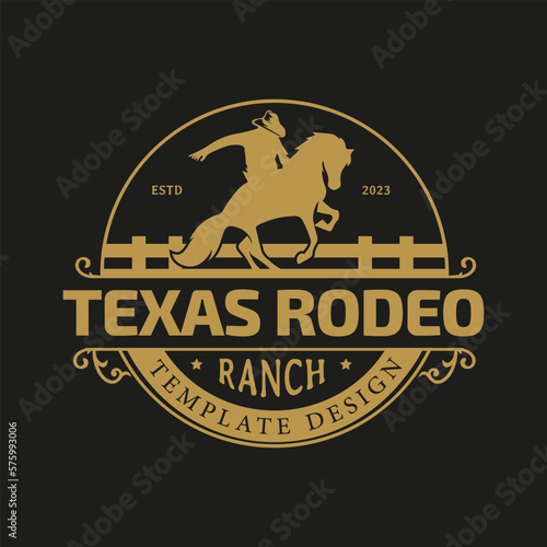 Retro Rodeo Emblem logo with equestrian silhouette. Wild west vintage rodeo badge. Vector illustration. Dark background