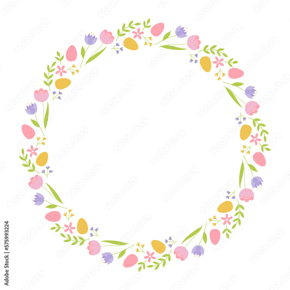 Colorful frame with branches, flowers and easter eggs. Design element for greeting card, invitation, poster, social media.