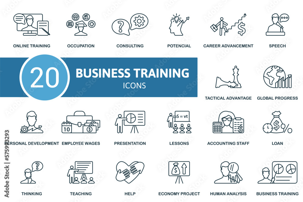 Business Training icon outline set. Line Business Training icon collection. Online Training, Occupation, Consulting, Potencial, Career Advancement, Teaching, Help, Economy Project, Human Analysis