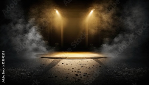 illustration of yellow white spotlights shine on stage floor in dark room, idea for background, backdrop, Generative Ai 