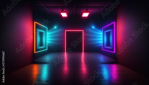 rainbow colorful spotlights shine on stage floor in dark room, idea for background, backdrop, mock up, Generative Ai