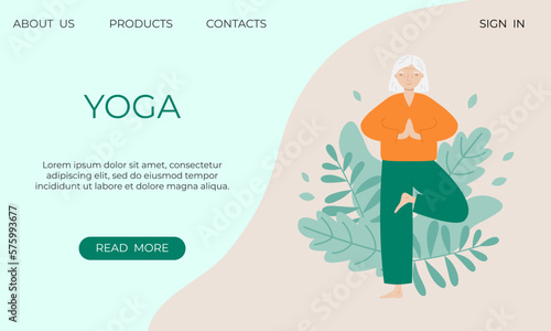 Banner template with senior woman doing yoga. Old woman practicing meditation, exercising, keeping active healthy lifestyle.