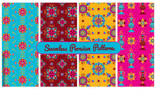 Set of modern design Persian bright oriental patterns, seamless vector, colorful pink yellow and blue