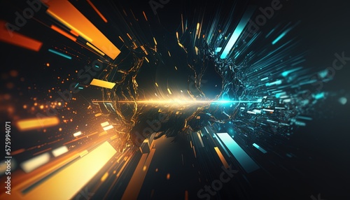 blue gold yellow abstract background, metaverse and technology, laser and geometric theme abstract background, light glow in dark space, Generative Ai