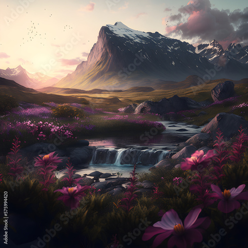 Beautiful landscape with a small river  flowers and mountains in the background  sunset  illustration