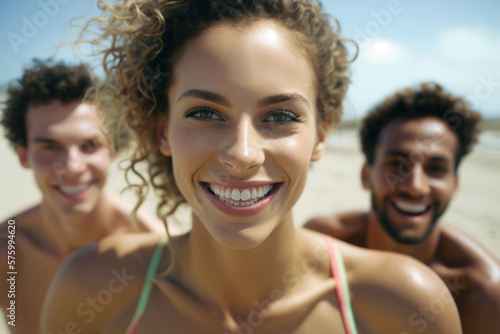 Hispanic millennials soaking up beach life. Generative AI illustration.