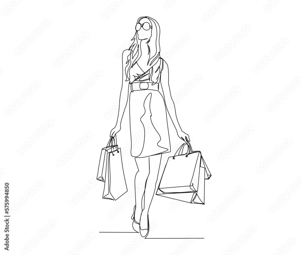 Continuous one line drawing of pretty woman and holding paper bags after shopping . Young woman holding shopping bags line art vector illustration. Continuous one line drawing of pretty woman and holding paper bags after shopping . Young woman holding shopping bags line art vector illustration.
