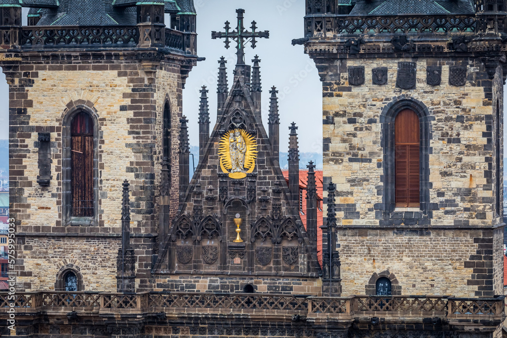 Tyn church and old town hall tower in Prague, Czech republic