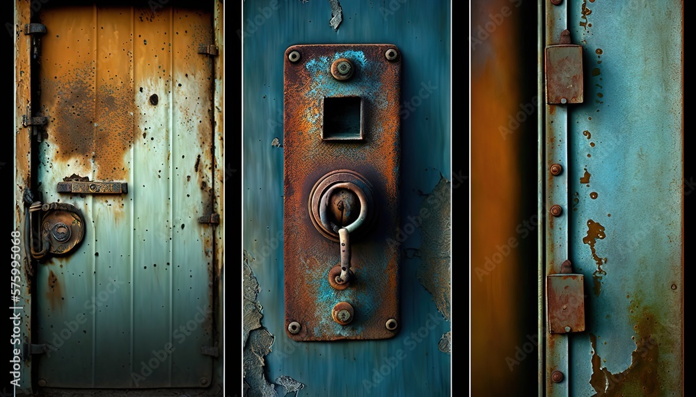 blue rusted metal door of old container, idea for abstract background , Generative Ai