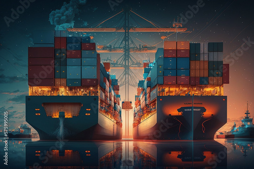 Shipping Container Port Illustration with giant cargo ships. Ai generated